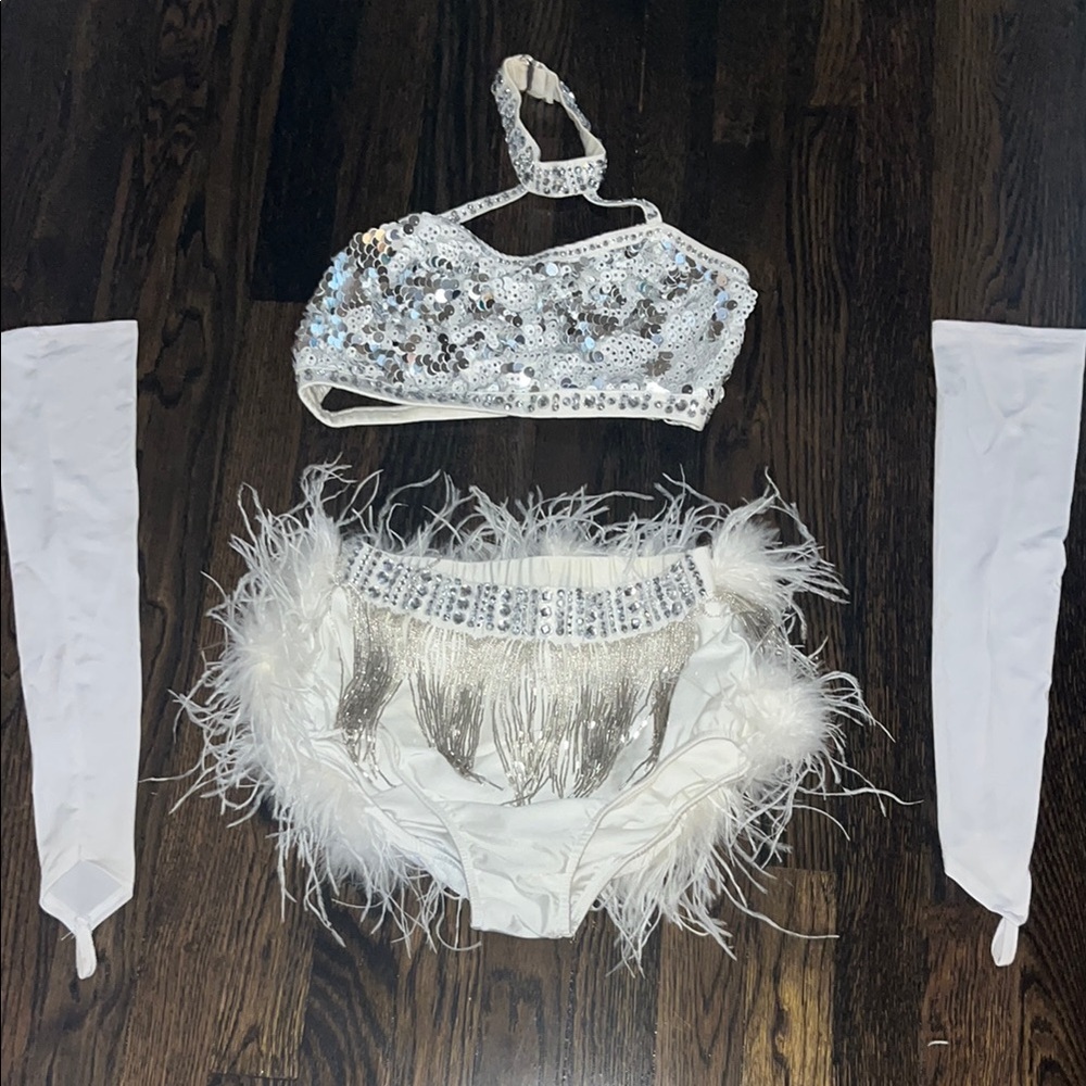 White Sequin Feather Kids Costume Set with Arm Sleeves